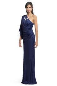 Navy Batwing Draped Gown