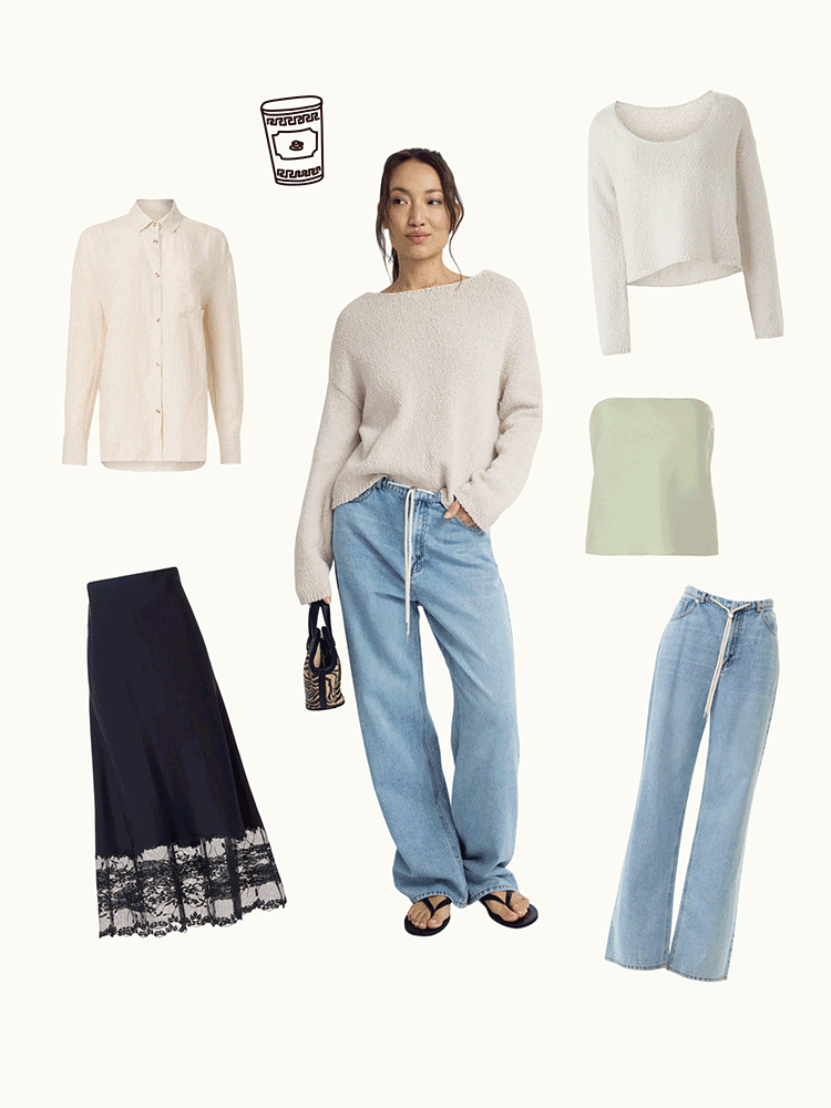 animation of woman with various clothes items next to illustrations of a laptop and coffee