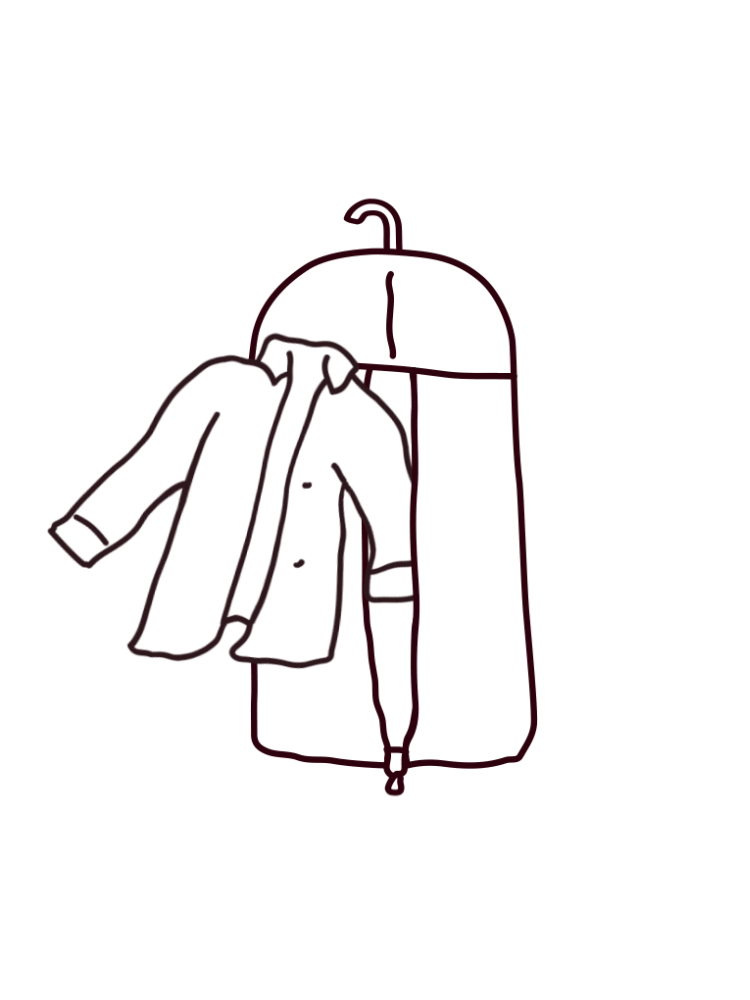 animation of clothing going into a garment bag and being shipped