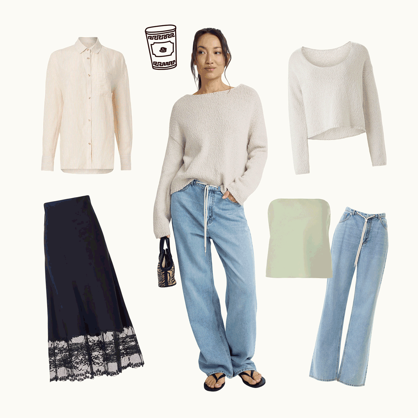 animation of woman with various clothes items next to illustrations of a laptop and coffee