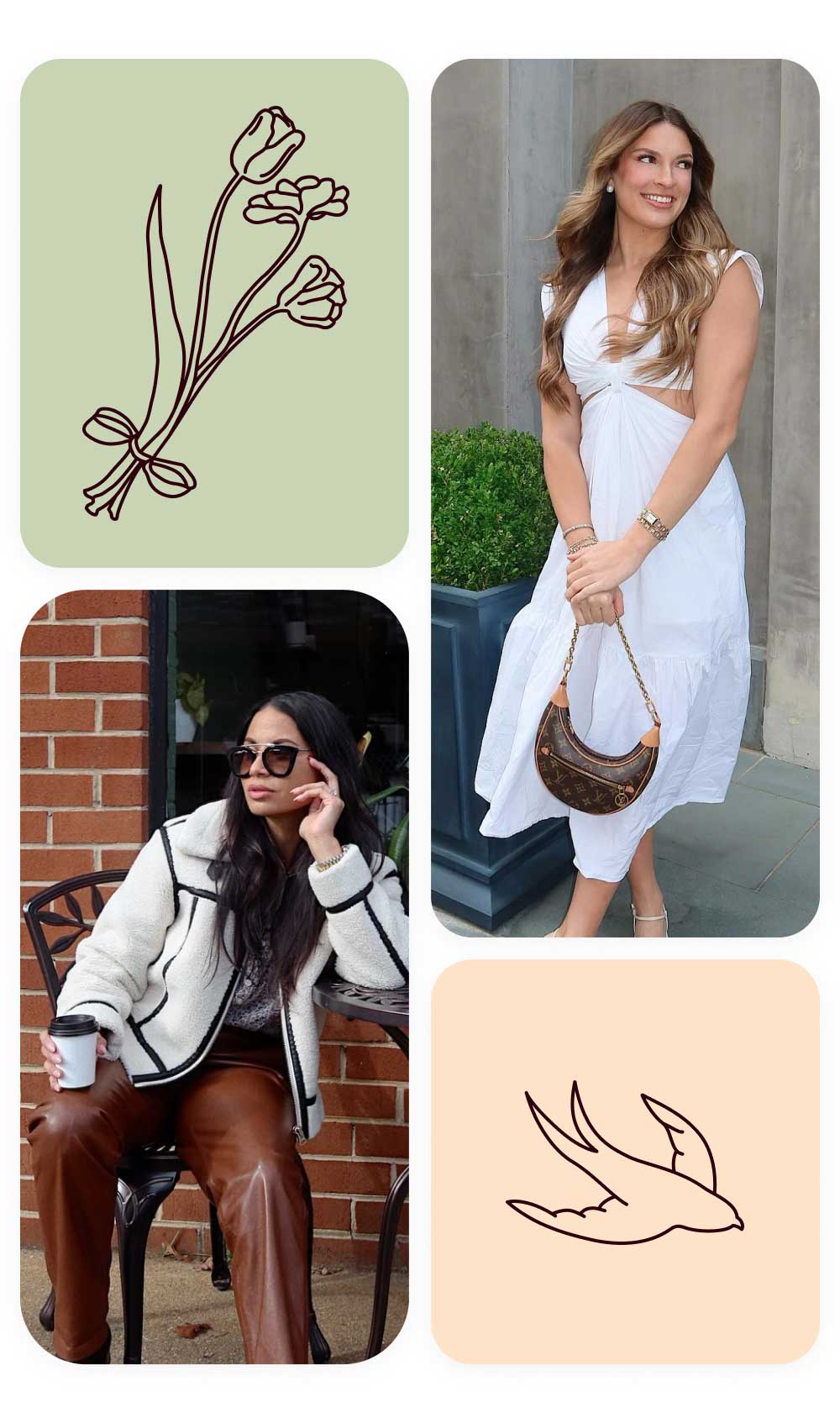 four-panel collage of fashion photography and minimalist line-art illustrations